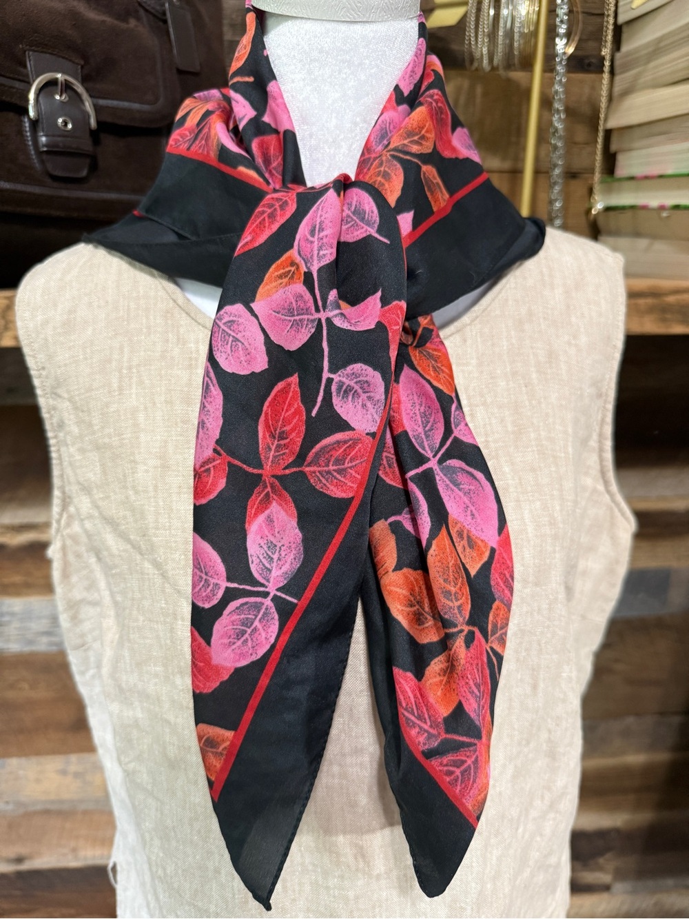 Women's Black Scarf with Pink & Orange Leaf Print